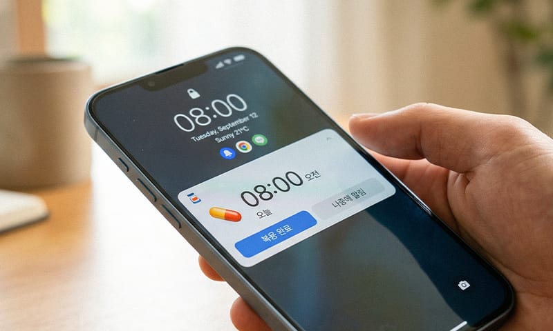 A scene of taking medication following a smartphone reminder notification