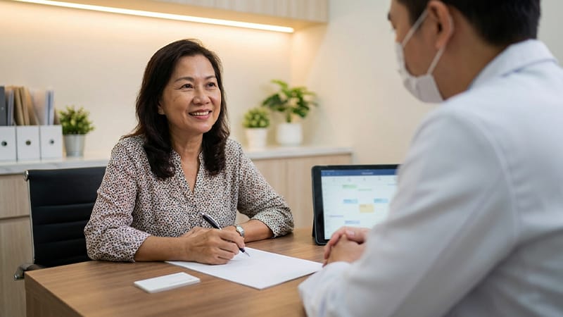 An international female patient receiving a dental implant consultation at a clinic.
