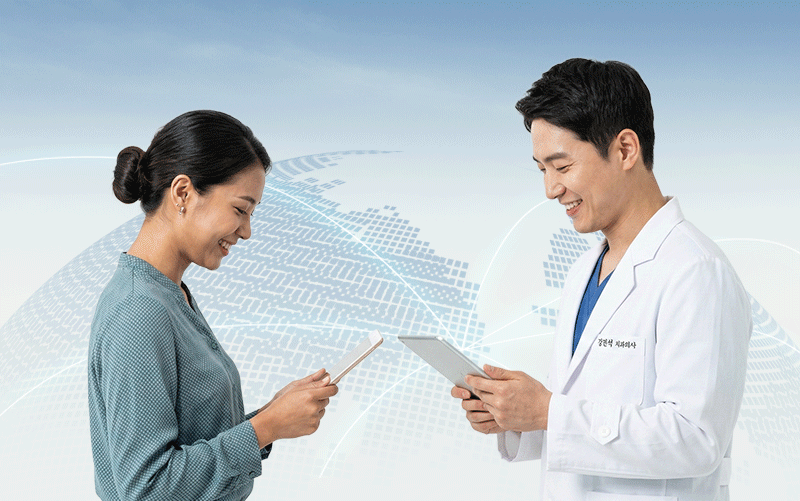 A visual representation of the remote consultation process where an international patient sends dental data, such as panoramic X-rays, to a medical team in Korea for digital analysis.