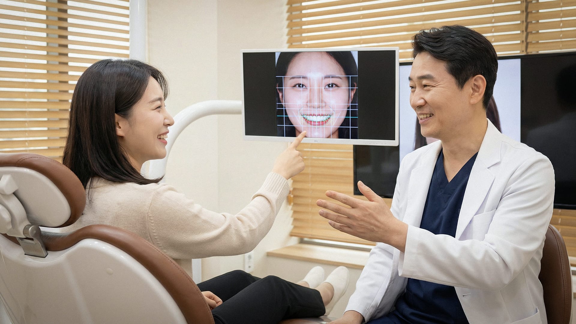 의사와 환자가 그리드 라인이 그려진 치아 디자인 화면을 함께 보며 웃으며 소통하는 장면.