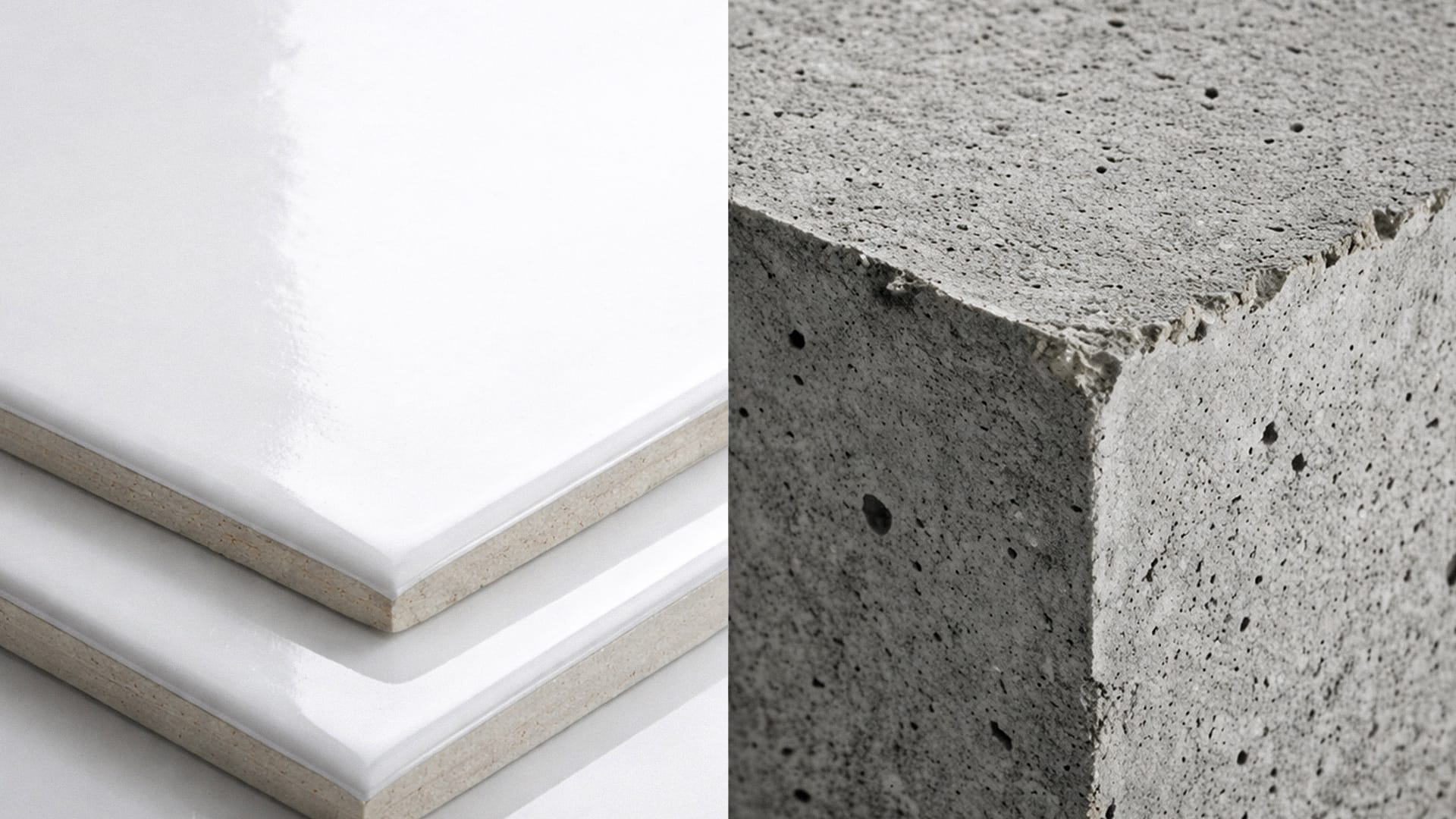 매끄러운 유광 타일 표면과 거칠고 푸석한 시멘트 단면의 질감을 극명하게 대비시킨 이미지.