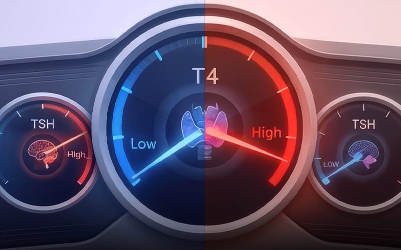 Diagram explaining the feedback loop and inverse correlation between TSH and Free T4 levels.