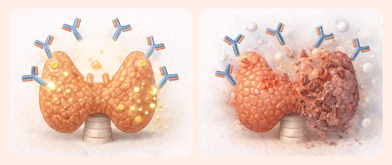 Medical illustration of antibody-cell interactions in Graves' disease versus Hashimoto's thyroiditis.