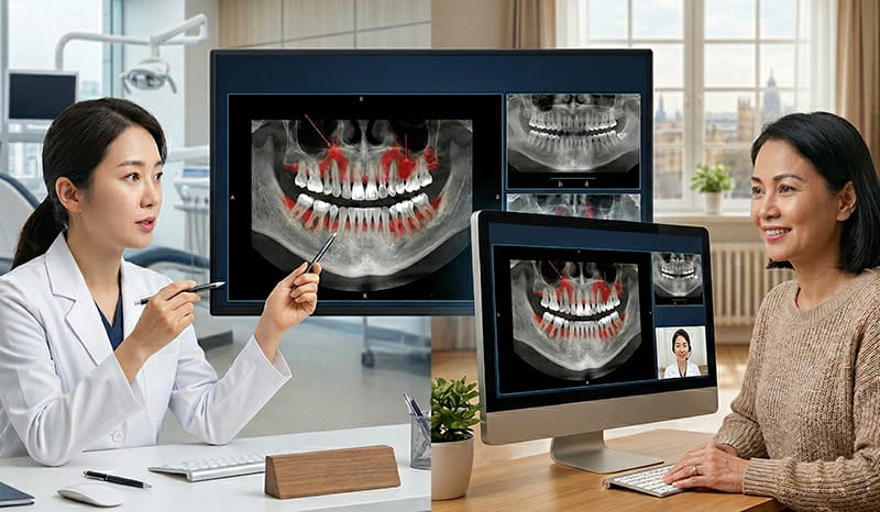 A video consultation scene illustrating remote aftercare between an international patient and a Korean dental specialist at medihi.