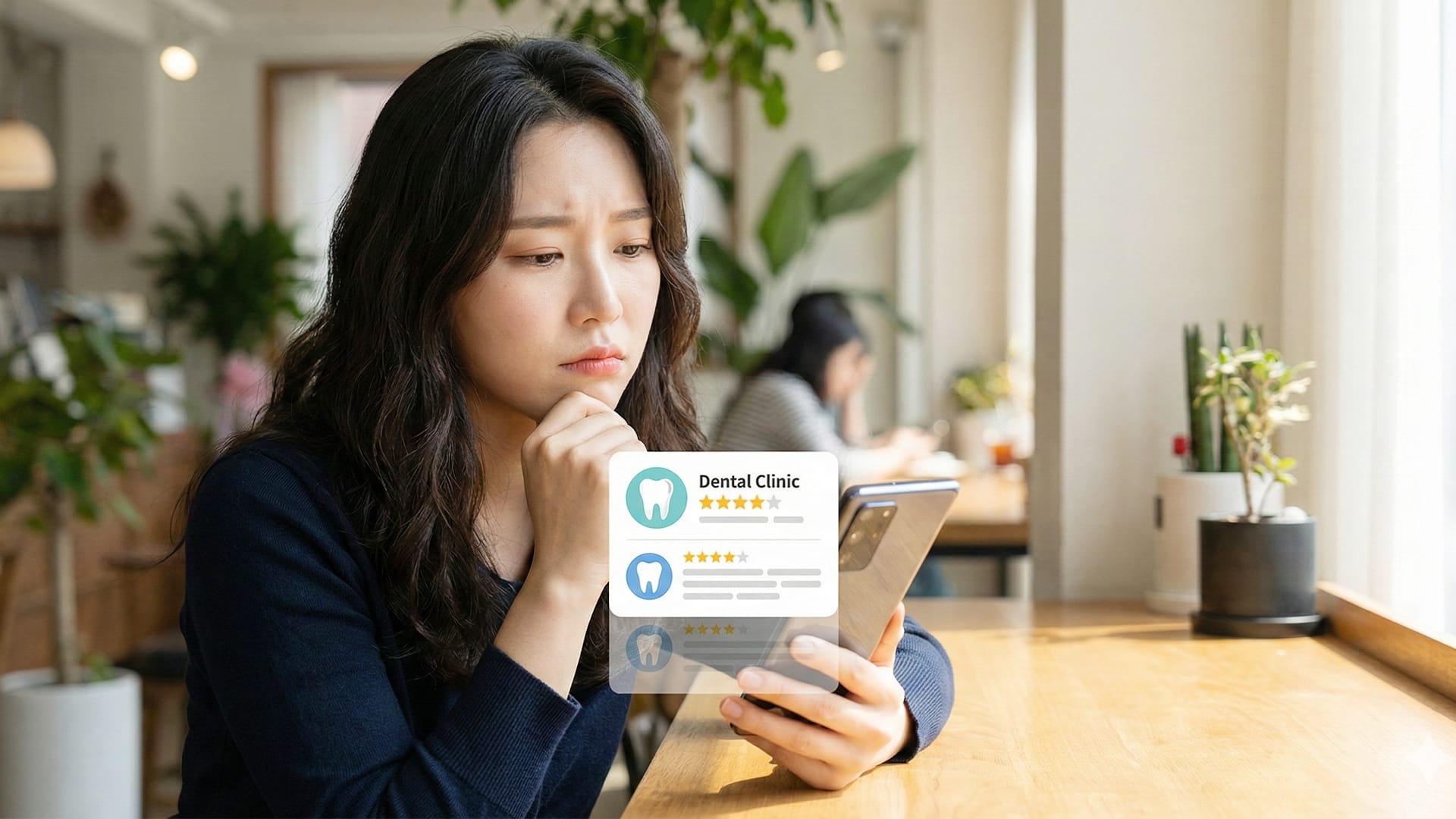  스마트폰으로 라미네이트 후기를 검색하며 걱정하는 젊은 환자의 모습