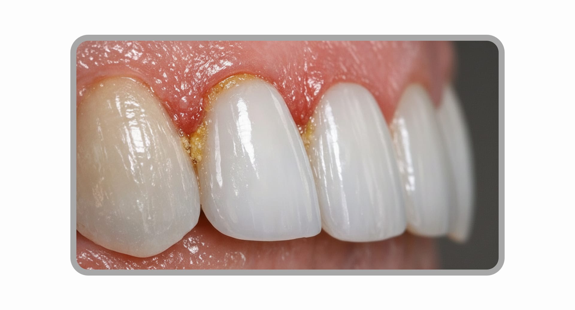 두껍게 덧붙여진 라미네이트 주변에 플라그가 쌓여 잇몸이 부어있는 모습.