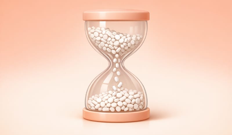 Pills in an hourglass, symbolizing treatment duration and medication timing.