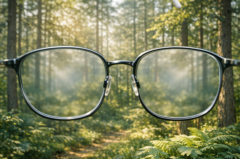Blurry vs. clear vision with glasses, illustrating the hormone replacement principle.