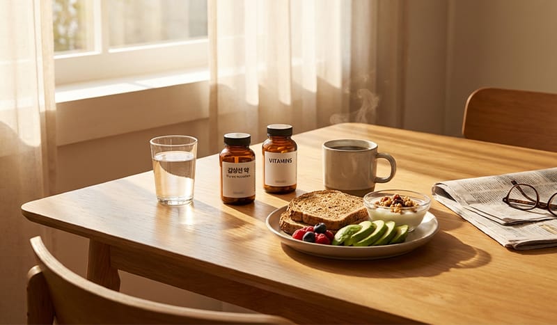 Thyroid meds on a breakfast table with water and supplements at medihi.