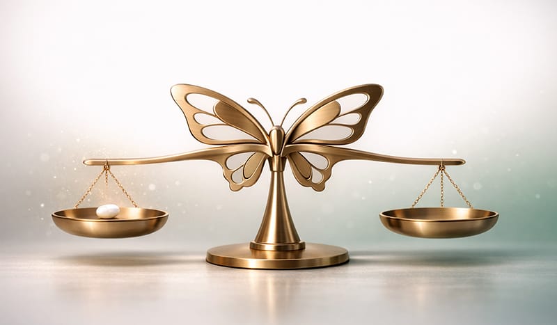 Butterfly-shaped scale balanced by a small pill, representing hormonal equilibrium.
