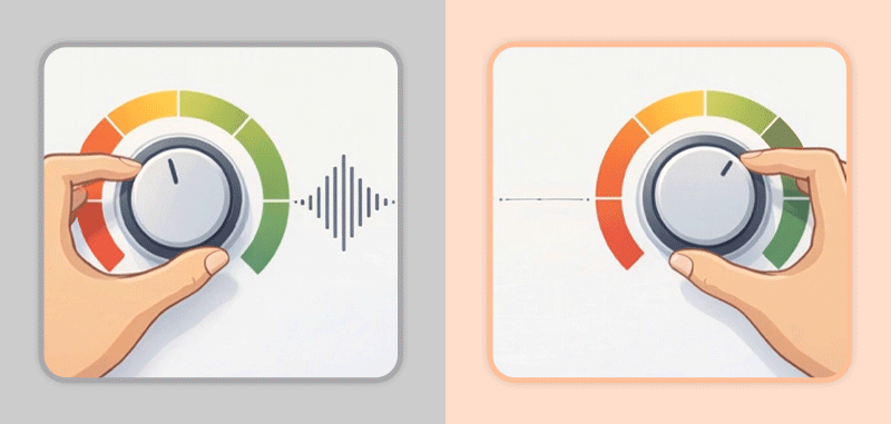 Adjusting a volume knob to a color-coded normal range, symbolizing precise dosage control.