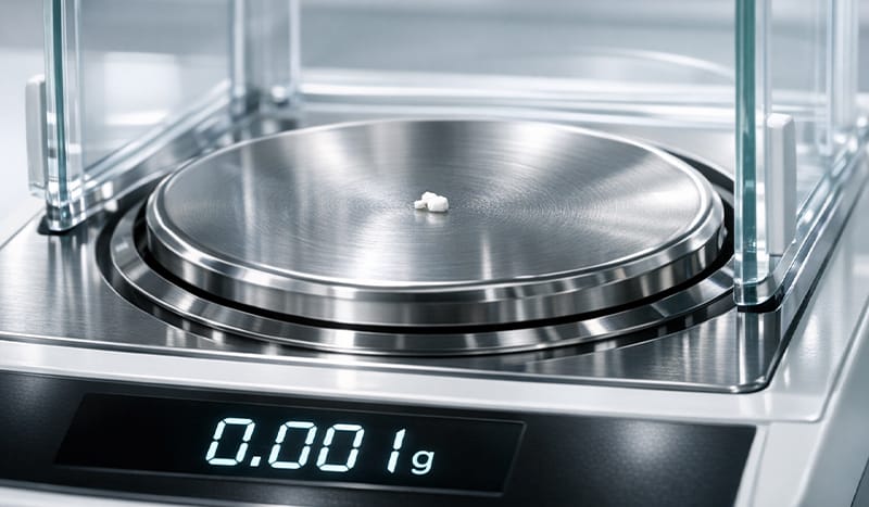 A tiny pill fragment on a high-precision digital lab scale, highlighting micro-dosage accuracy.