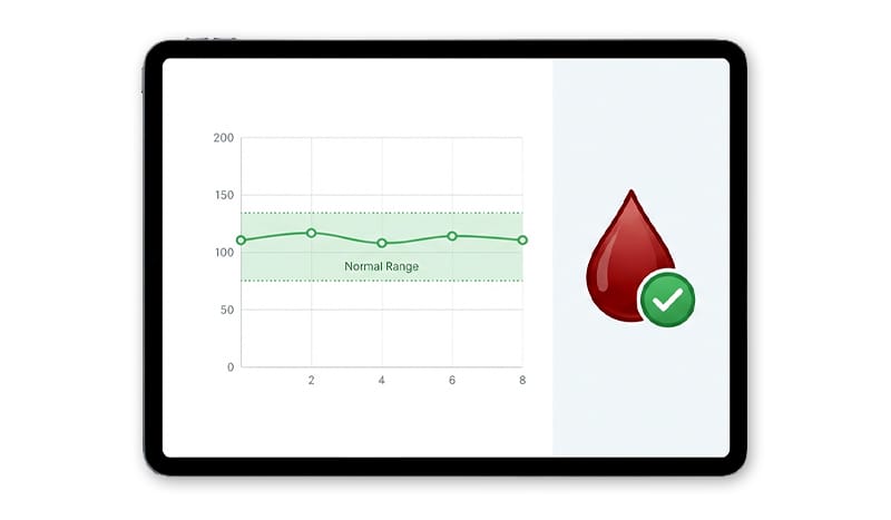 Stable blood test results and a monitoring icon displayed on a digital tablet at medihi.