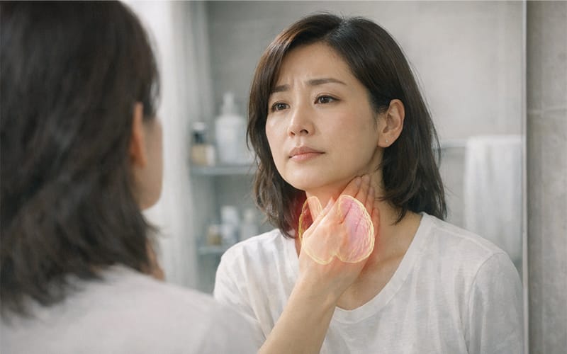 목 부위를 가볍게 감싸 쥐며 거울을 보거나 고민하는 여성의 모습