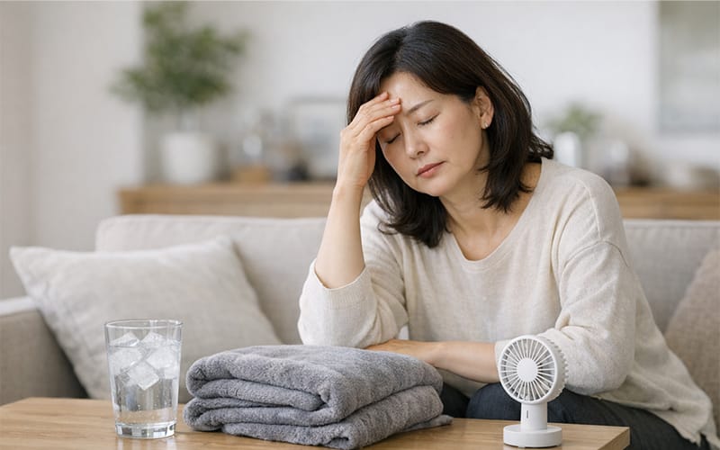 소파에 앉아 이마를 짚으며 피곤해하는 40~50대 갑상선 환자의 모습