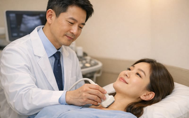 전문적이고 깔끔한 진료실에서 의사가 환자의 목에 초음파 기기를 대고 있는 모습