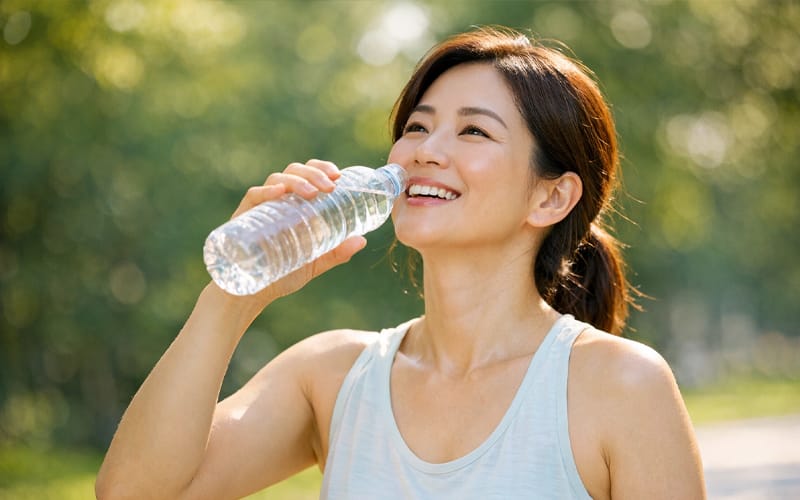 햇살이 비치는 야외 공원 또는 헬스장에서 가벼운 운동복 차림으로 스트레칭을 하거나, 물을 마시며 활짝 웃는 3040 여성의 모습