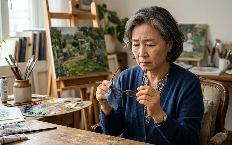 An elderly woman with a worried expression wiping her glasses while painting.