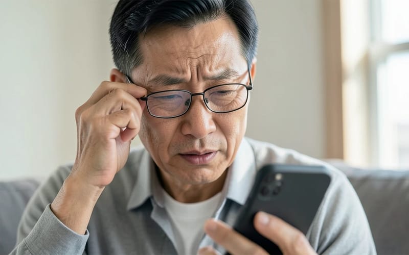 돋보기 안경을 쓰고 스마트폰을 보고 있는 노년 남성