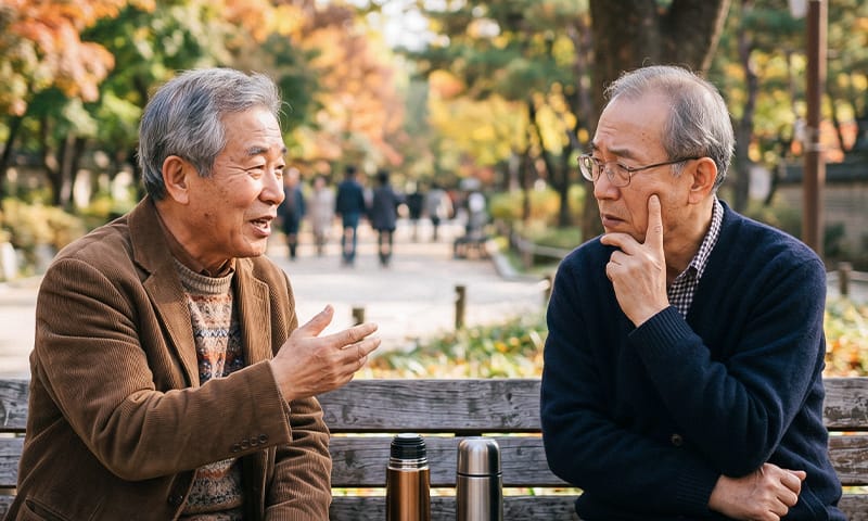 친구와 대화를 나누고 있는 고령 환자의 모습