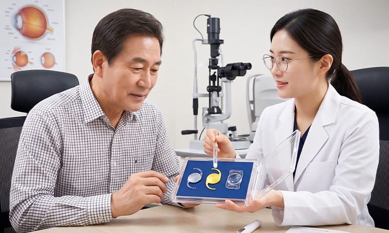 안과 진료실에서 의료진에게 인공 수정체 관련 상담을 받고 있는 고령 환자의 모습
