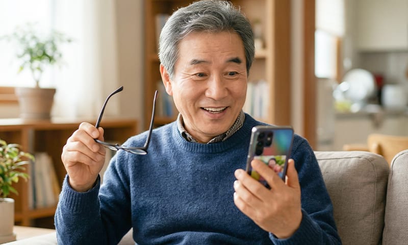 An elderly person looking surprised while using a smartphone without reading glasses