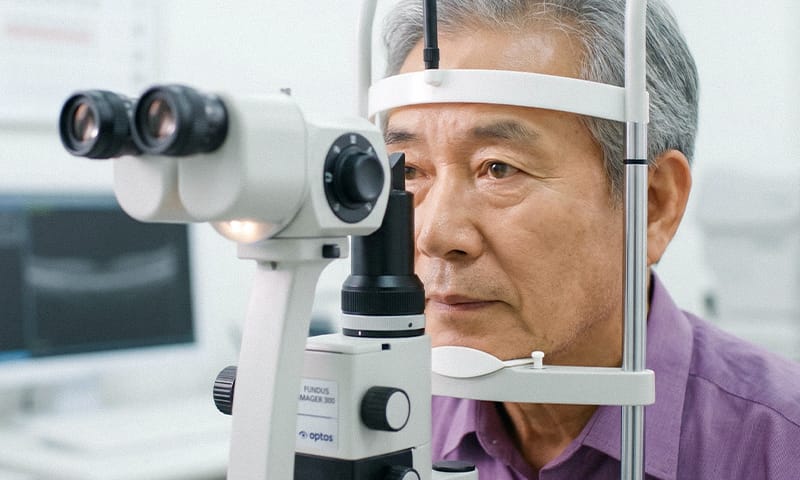 An elderly patient undergoing a fundus examination at an ophthalmology clinic