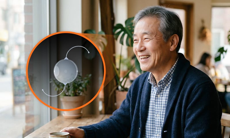 An elderly patient after completing cataract surgery with an intraocular lens implant