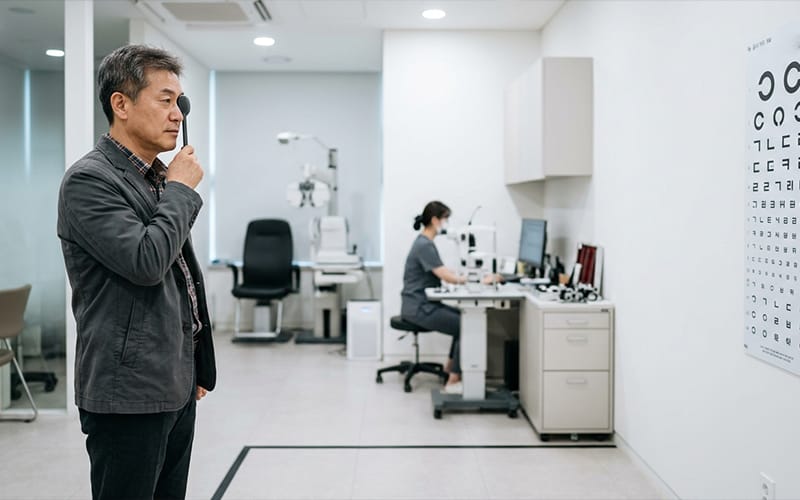 An elderly patient undergoing a visual acuity test using an eye chart at an eye clinic.