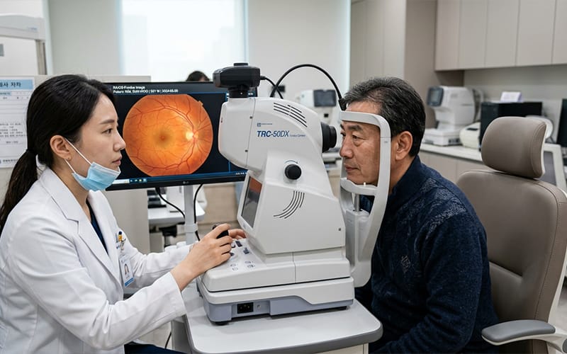 A medical professional performing a fundus examination on a patient at an ophthalmology clinic.