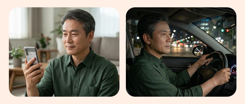 A visual showing an elderly patient enjoying daily life without glasses and driving safely at night with reduced glare.