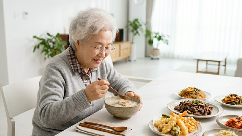 식탁에 차려진 다른 반찬은 두고 죽만 먹고 있는 고령 환자의 모습