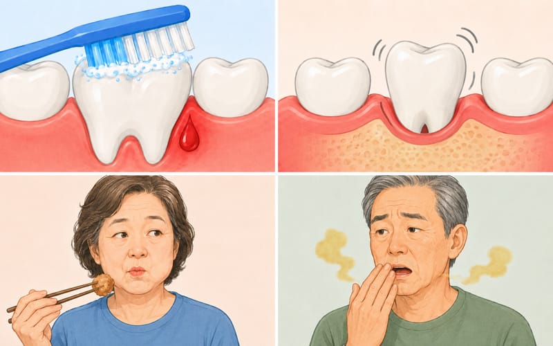 An infographic visualizing a 4-point self-check checklist for tooth mobility and oral health.