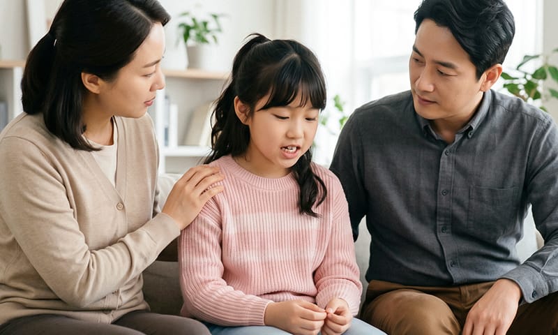 A child with uneven teeth and a slightly protruding profile alongside concerned parents