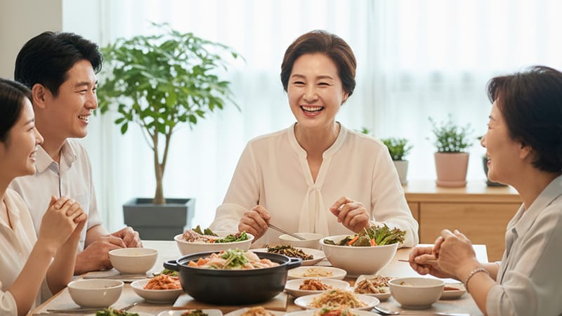 가족이나 친구와 함께 웃으며 식사하는 모습, 건강하고 활기찬 환자의 얼굴.