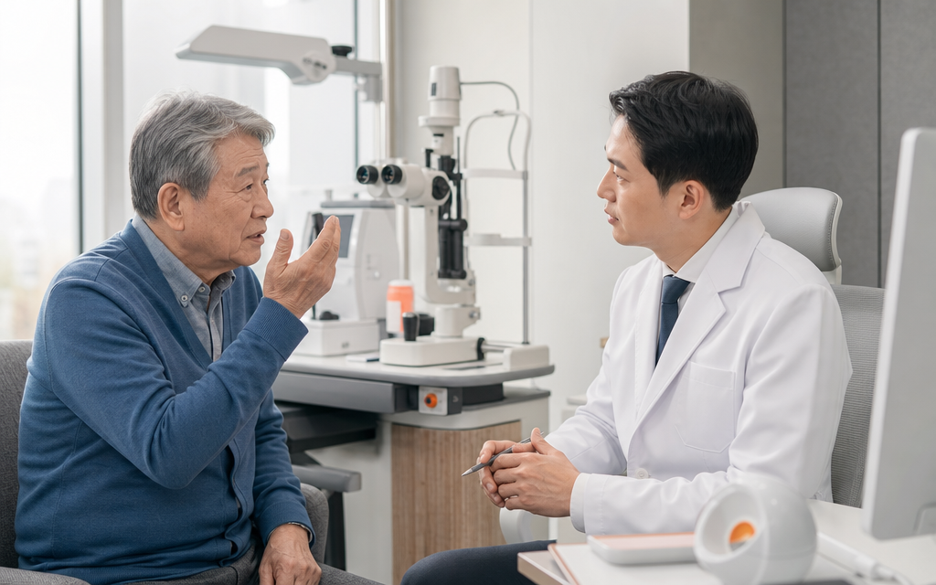 An elderly patient asking questions to a doctor in an eye clinic