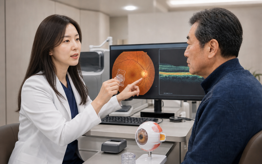 A doctor explaining multifocal lenses to a patient while reviewing their retinal condition