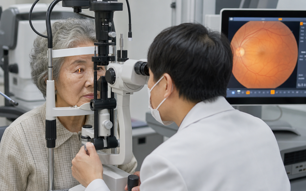 An elderly patient undergoing an exam with diagnostic eye equipment