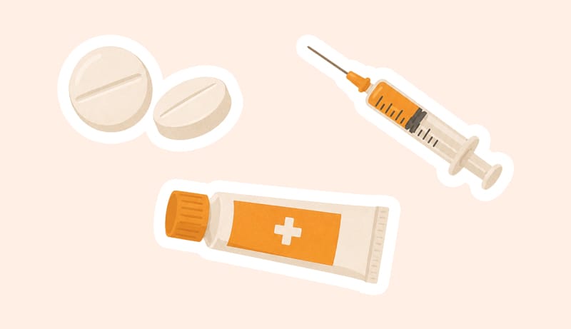 An image showing various forms of steroids, including white tablets, injections, and ointments