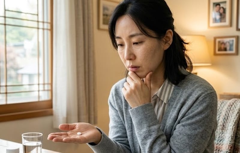 A young patient looking worried while holding a white steroid pill in their hand