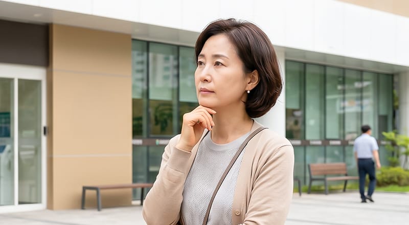 병원 앞에서 고민하고 있는 중년 당뇨 환자