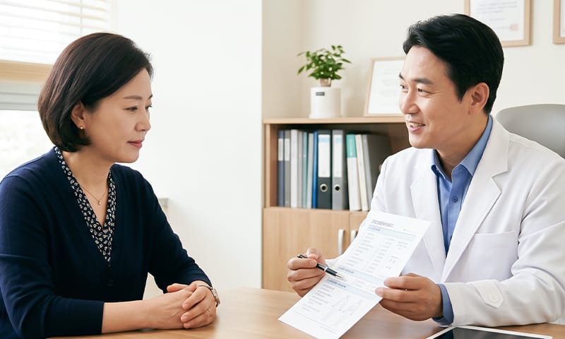 중년 당뇨병 환자가 병원 상담실에서 상담을 받고 있는 모습
