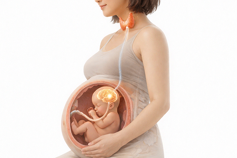 An illustration showing that maternal thyroid hormones are essential for early fetal brain development
