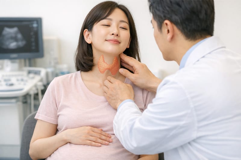 A doctor checking a pregnant patient's thyroid condition