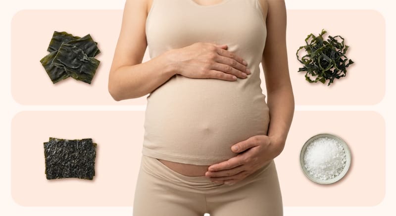 Kelp, seaweed, nori, and salt placed around a pregnant belly to represent foods causing iodine excess