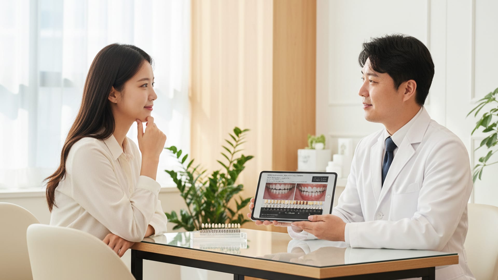A young patient receiving a porcelain veneer consultation from a dentist at a clinic