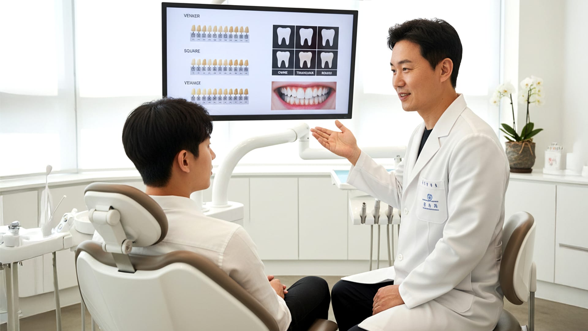 A patient receiving a consultation for dental veneers from a dentist in a clinic setting