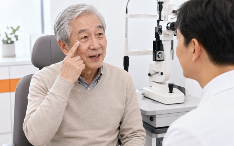 An elderly patient pointing to their eye while speaking with medical staff in an ophthalmology consultation room