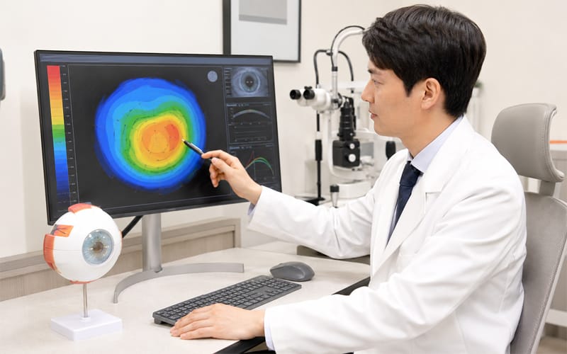 Medical staff reviewing corneal topography on a monitor with an eye model on the desk