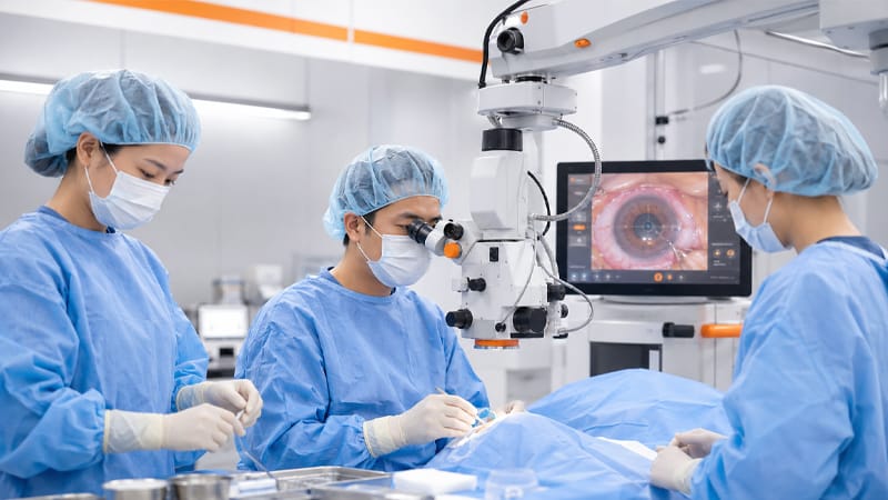 A medical team preparing and performing cataract surgery